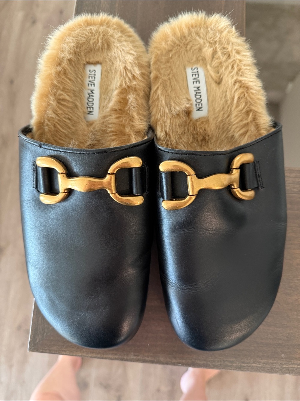 Steve Madden Black Slip-On Mules with Gold Horsebit and Tan Faux Fur